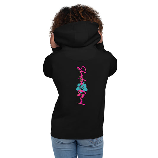 a woman wearing a black hoodie with pink and blue flowers on it
