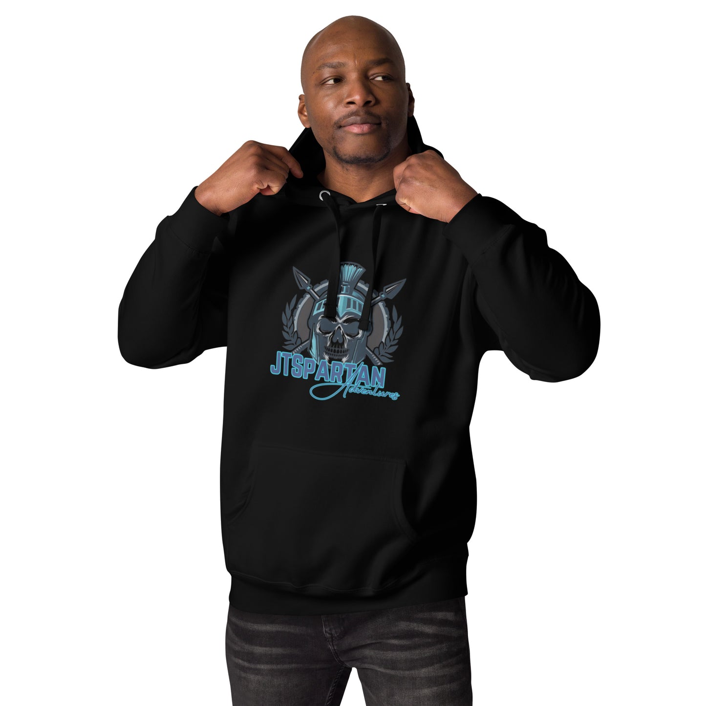 a man wearing a black hoodie with a blue design on it