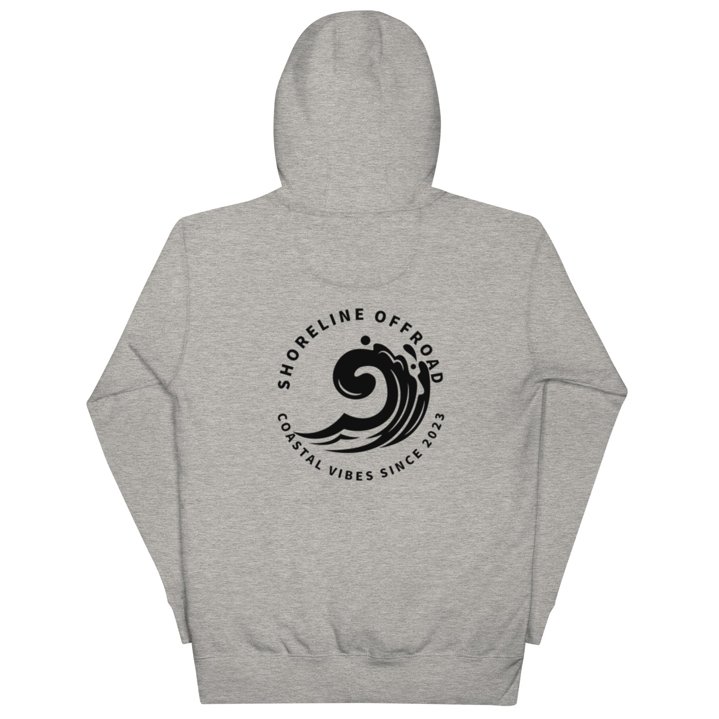 a grey hoodie with a black and white logo