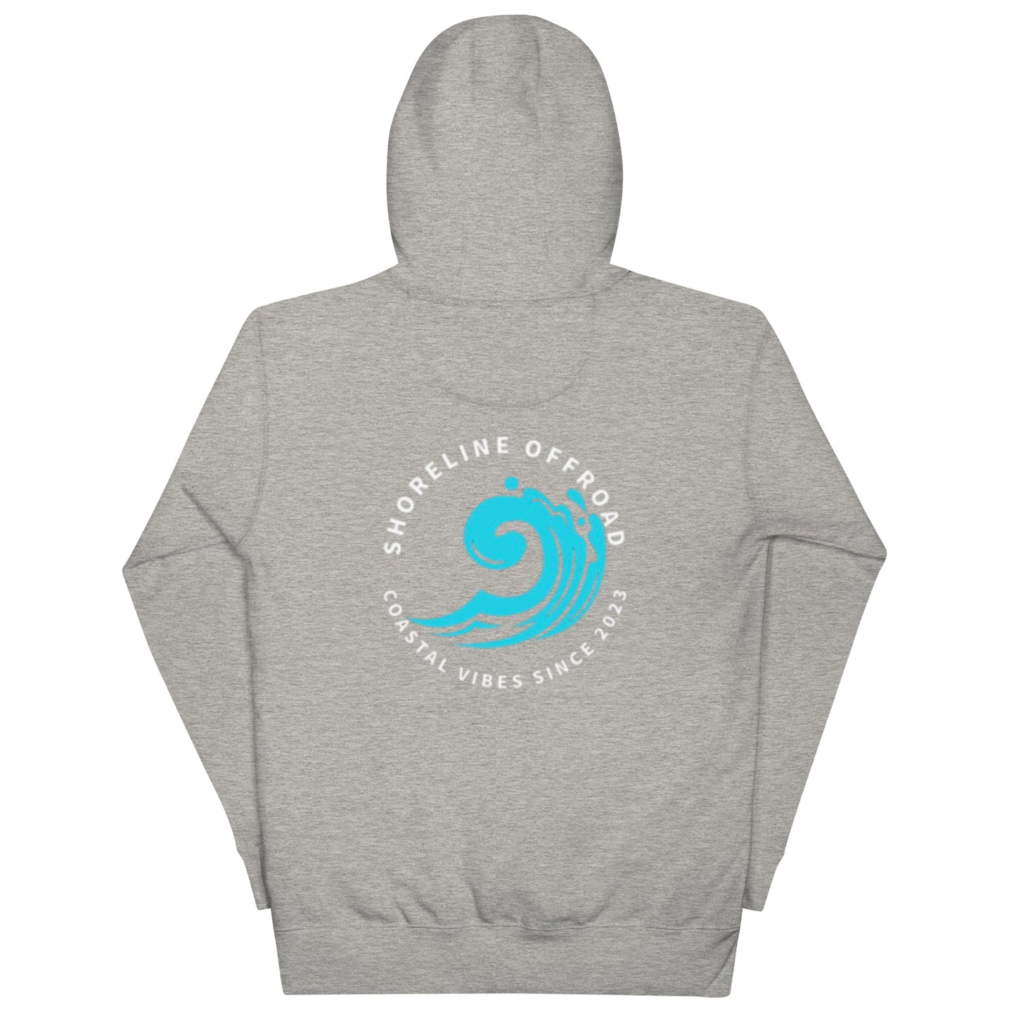 a grey hoodie with a blue and white logo