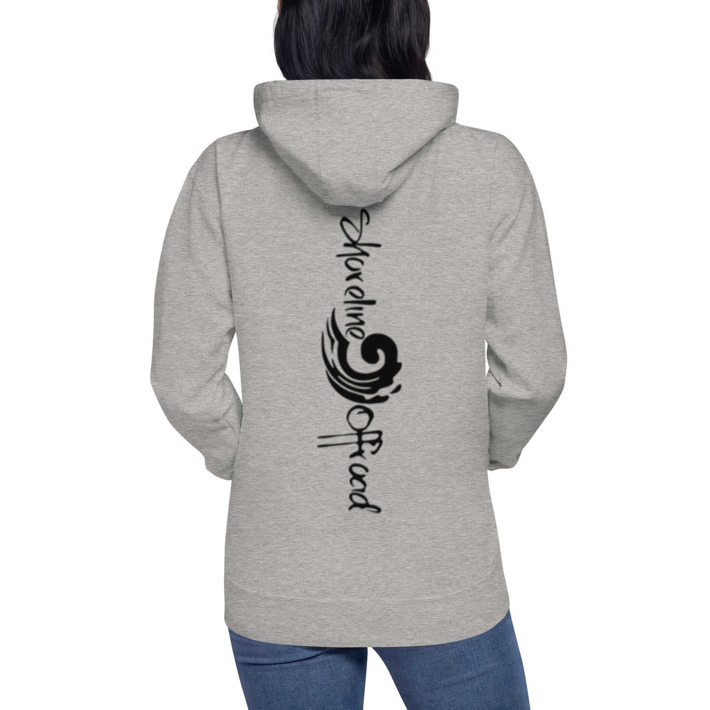 a woman wearing a gray hoodie with black lettering