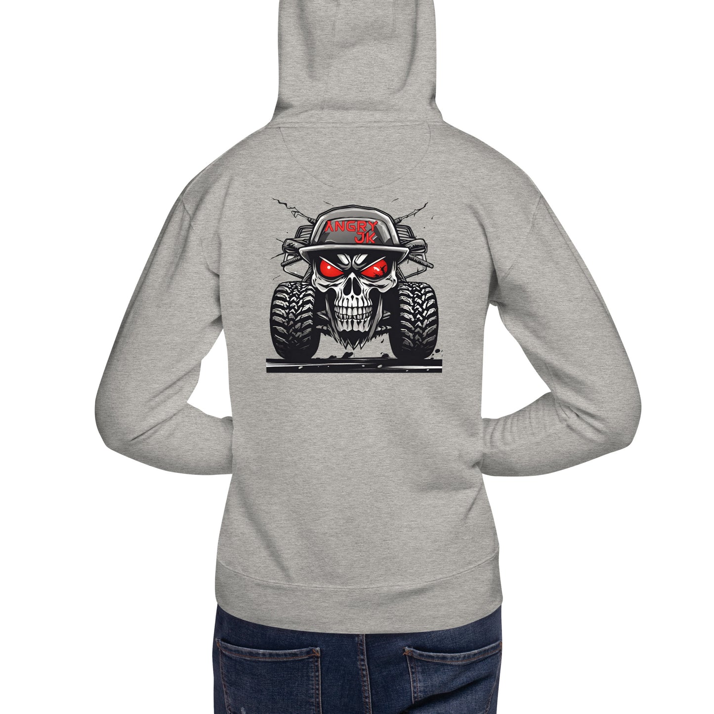 a woman wearing a gray hoodie with a skull on it