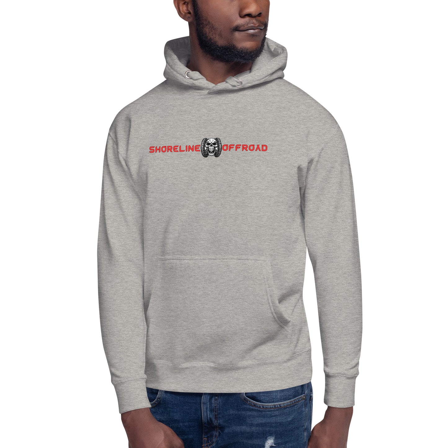 a man wearing a grey hoodie with the words,'show me off and