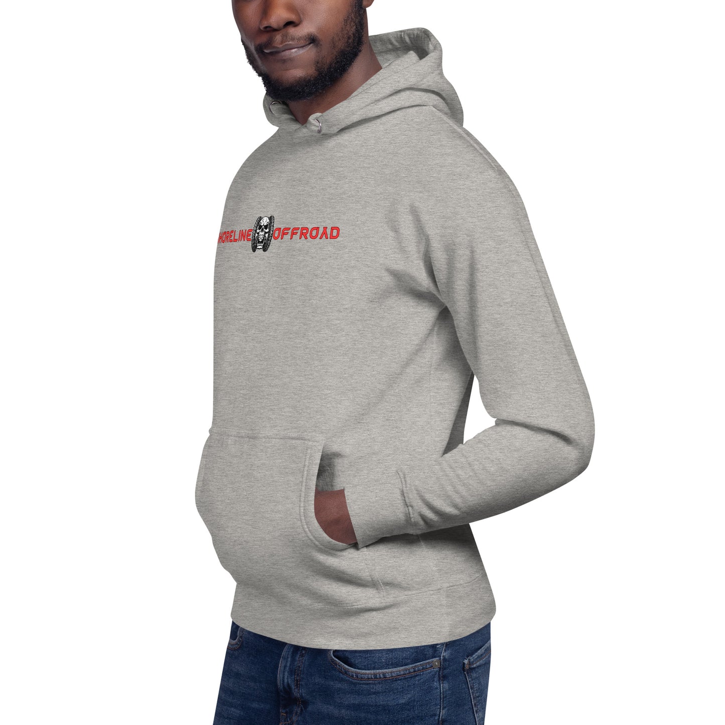 a man wearing a grey hoodie with a red and white logo