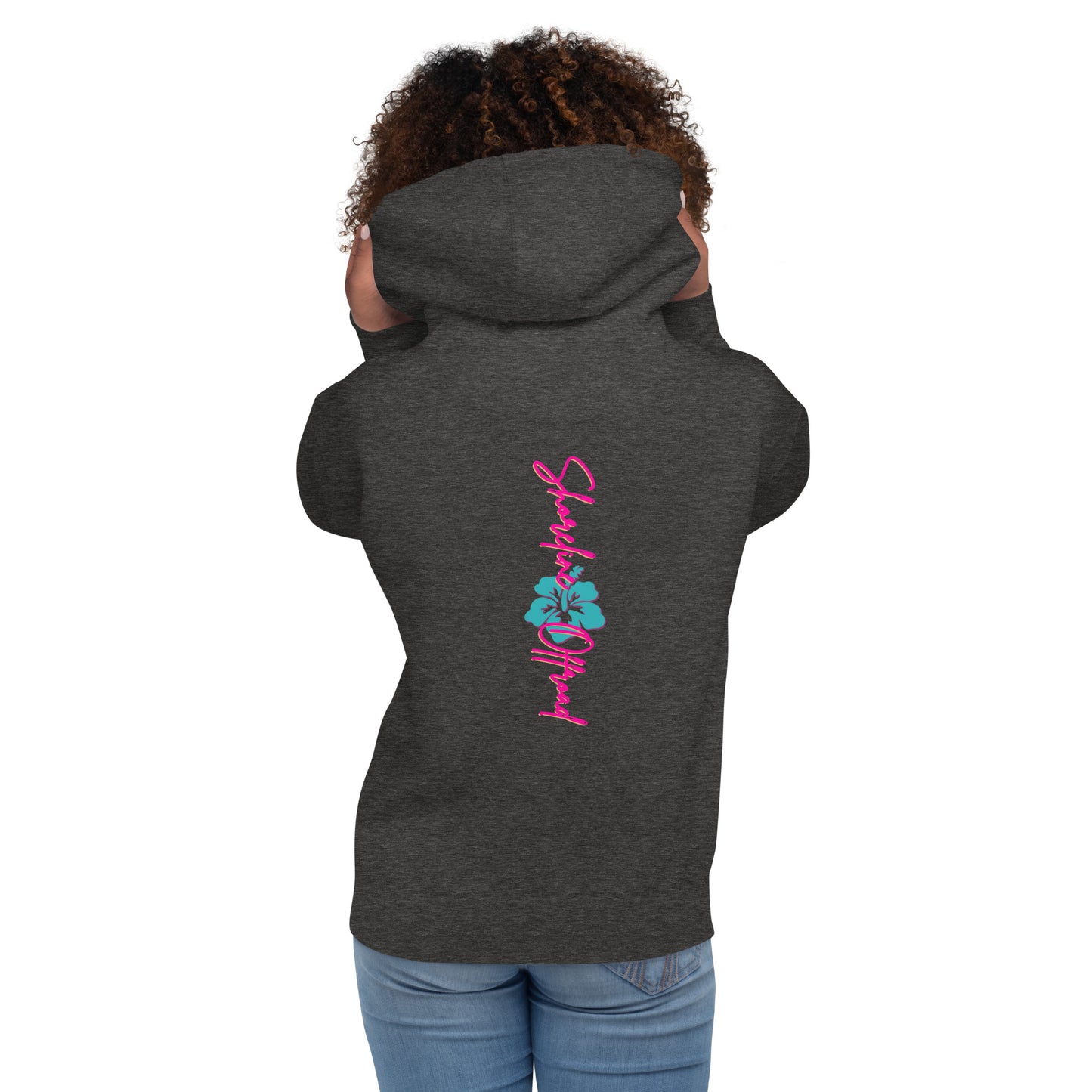 a woman wearing a hoodie with the word love on it