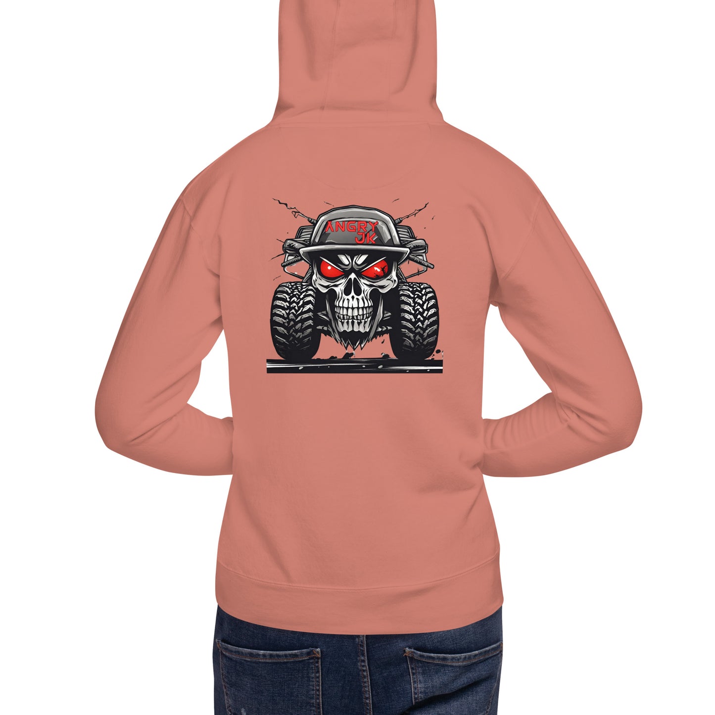 a woman wearing a pink hoodie with a skull on it