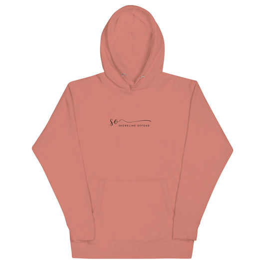 a pink hoodie with a black and white logo