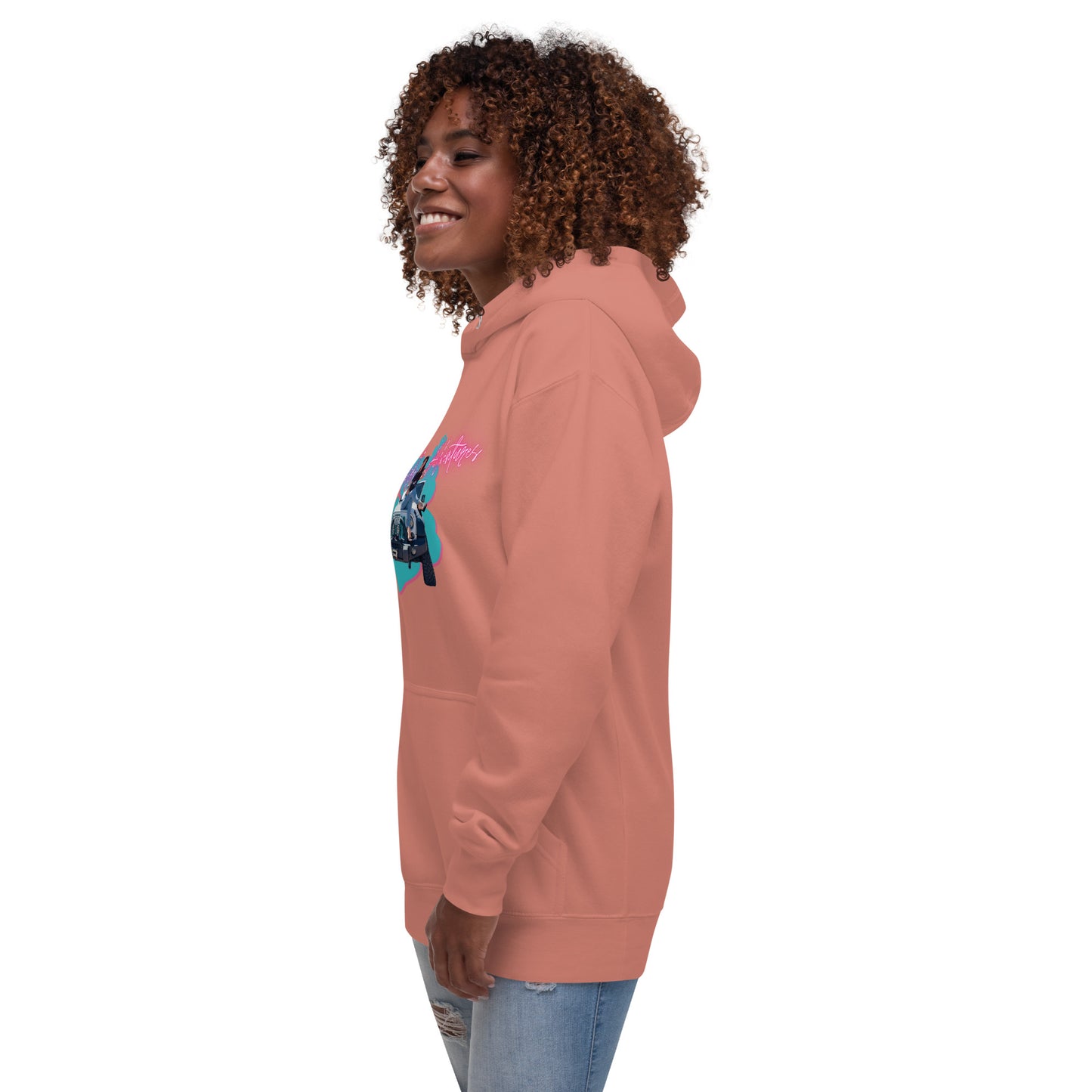a woman wearing a pink hoodie with a blue and pink design on it