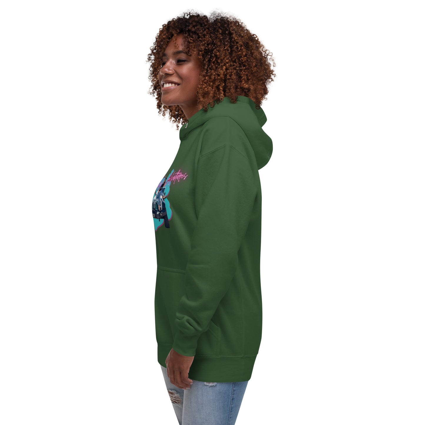a woman wearing a green hoodie with an elephant on it