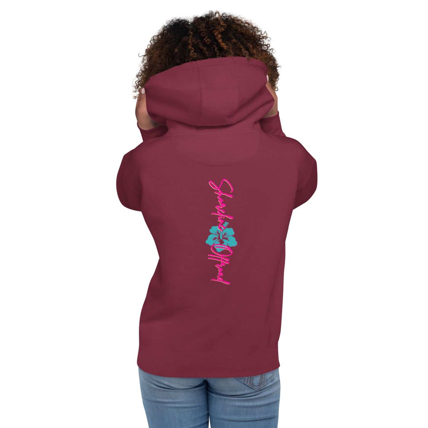 a woman wearing a hoodie with the words love and flowers on it