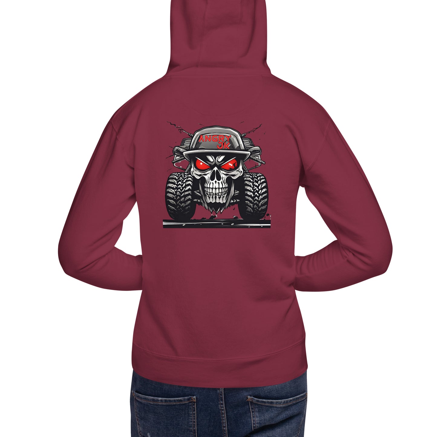 a woman wearing a red hoodie with a skull on it