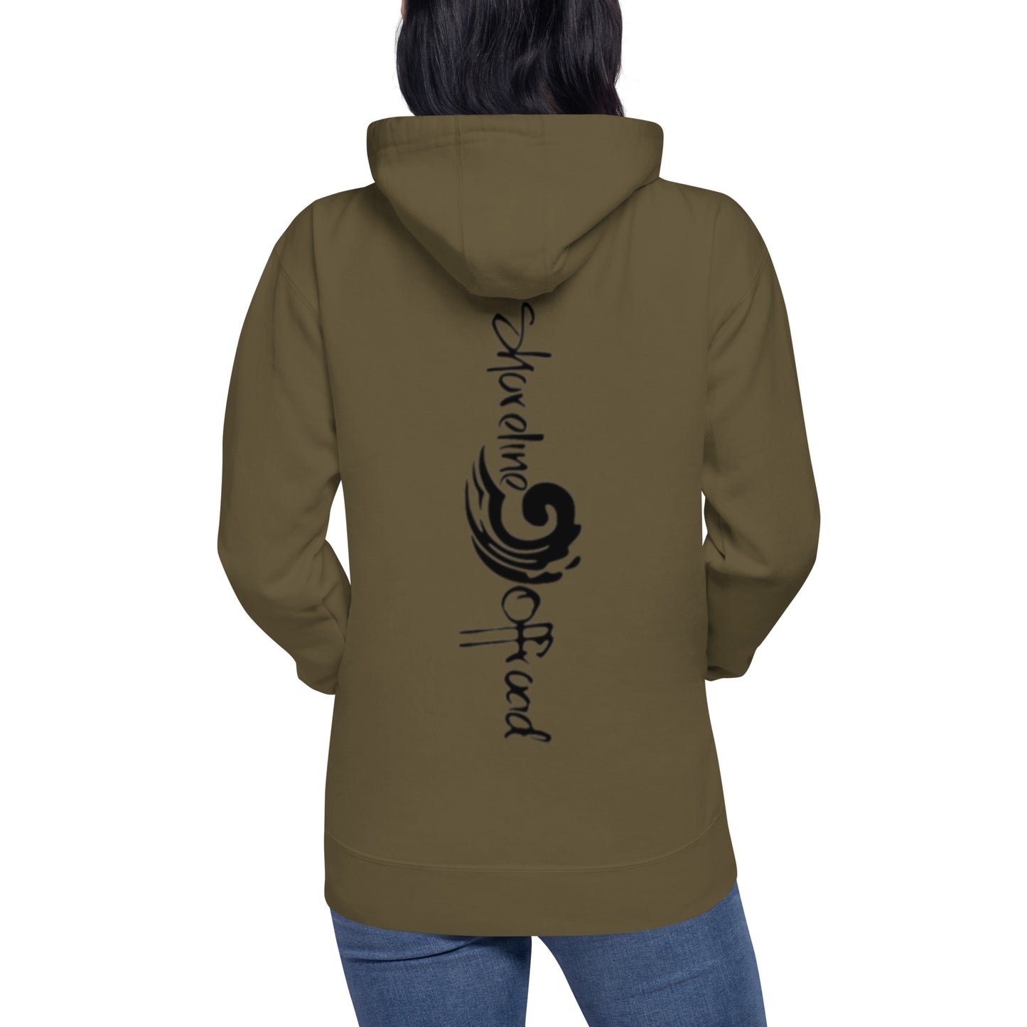 a woman wearing a brown hoodie with black lettering