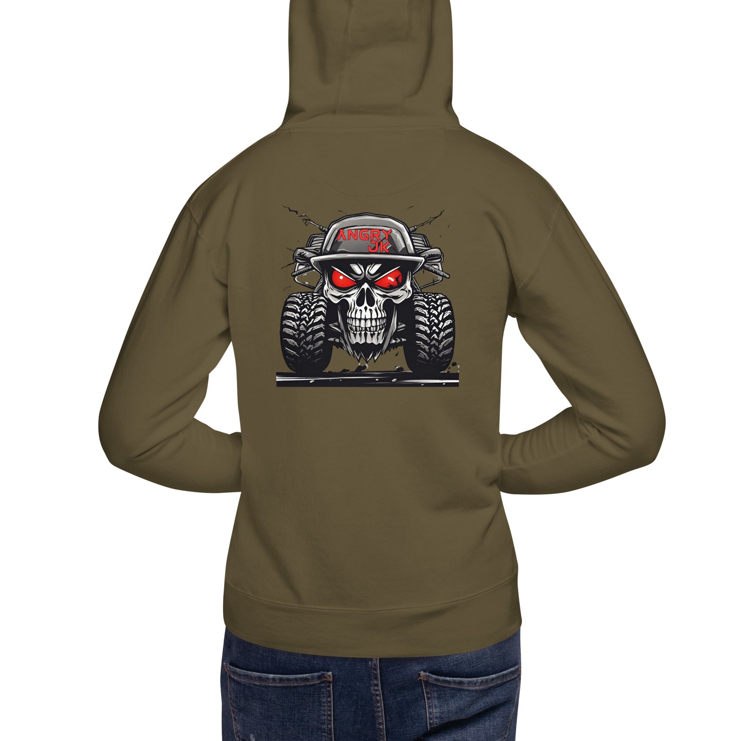 a woman wearing a brown hoodie with a skull on it