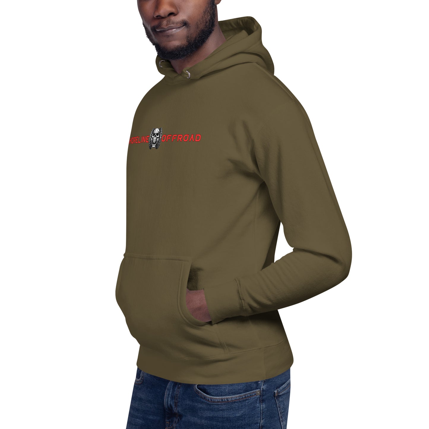 a man wearing a brown hoodie with a red logo on it