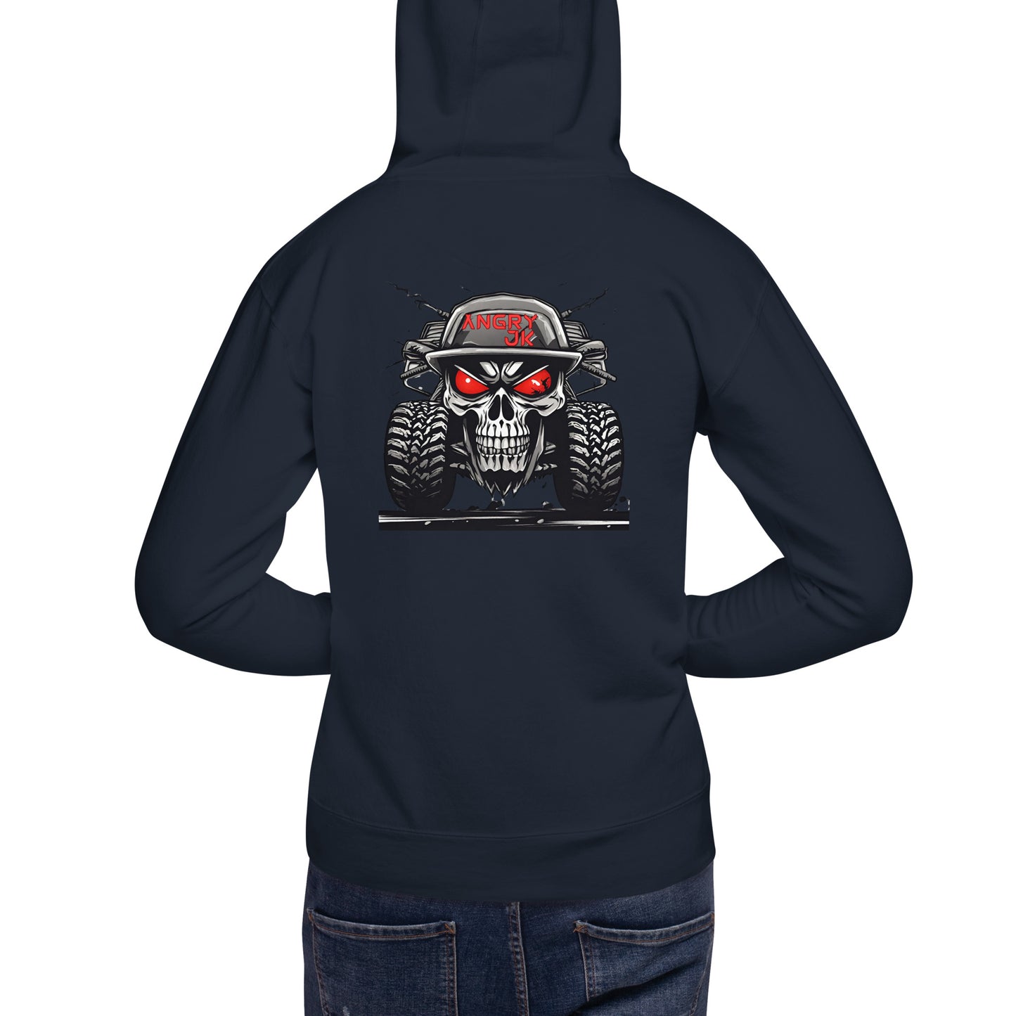 a woman wearing a dark blue hoodie with a skull on it