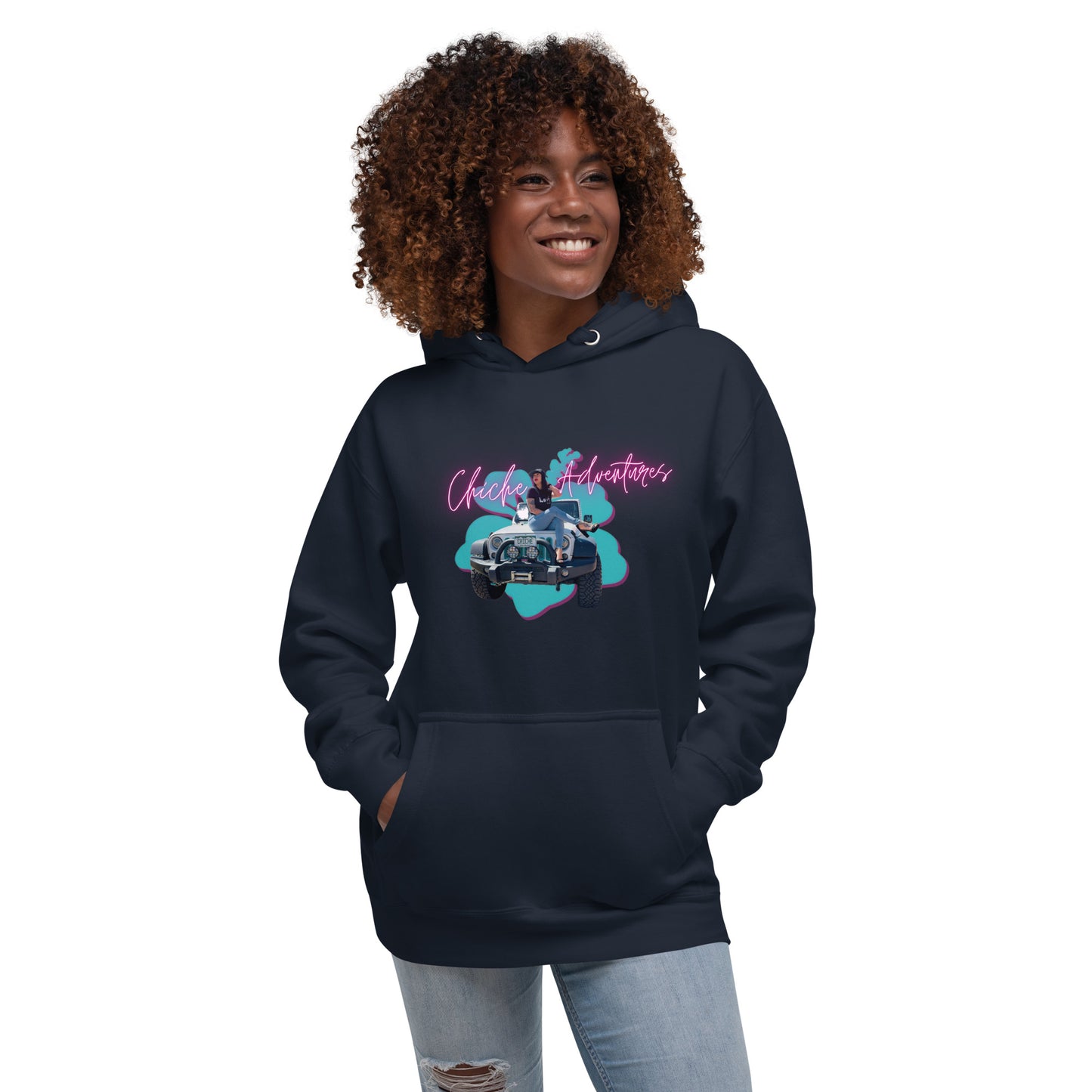 a woman wearing a black hoodie with a pink and blue design on it
