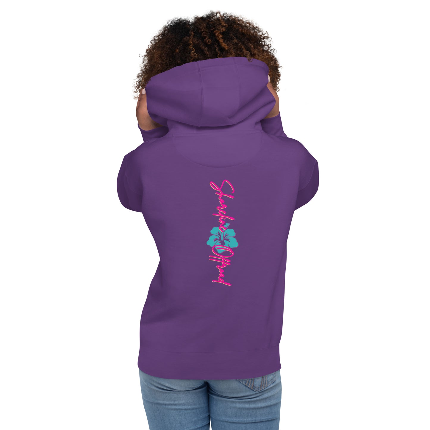 a woman wearing a purple hoodie with the word love on it