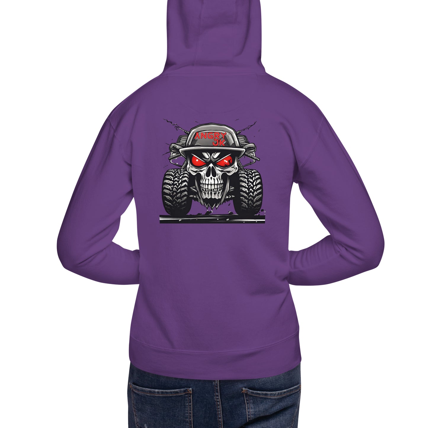 a woman wearing a purple hoodie with a skull on it