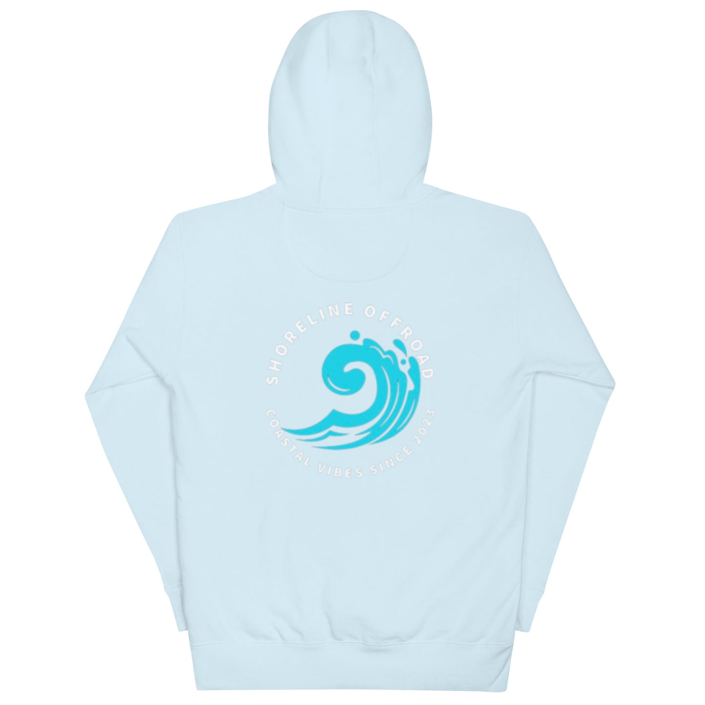 a white hoodie with a blue wave on it