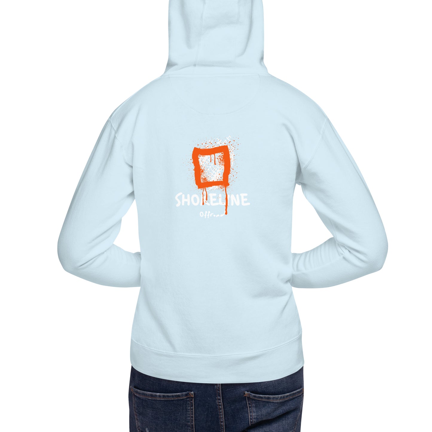 a woman wearing a white hoodie with the words shop one on it