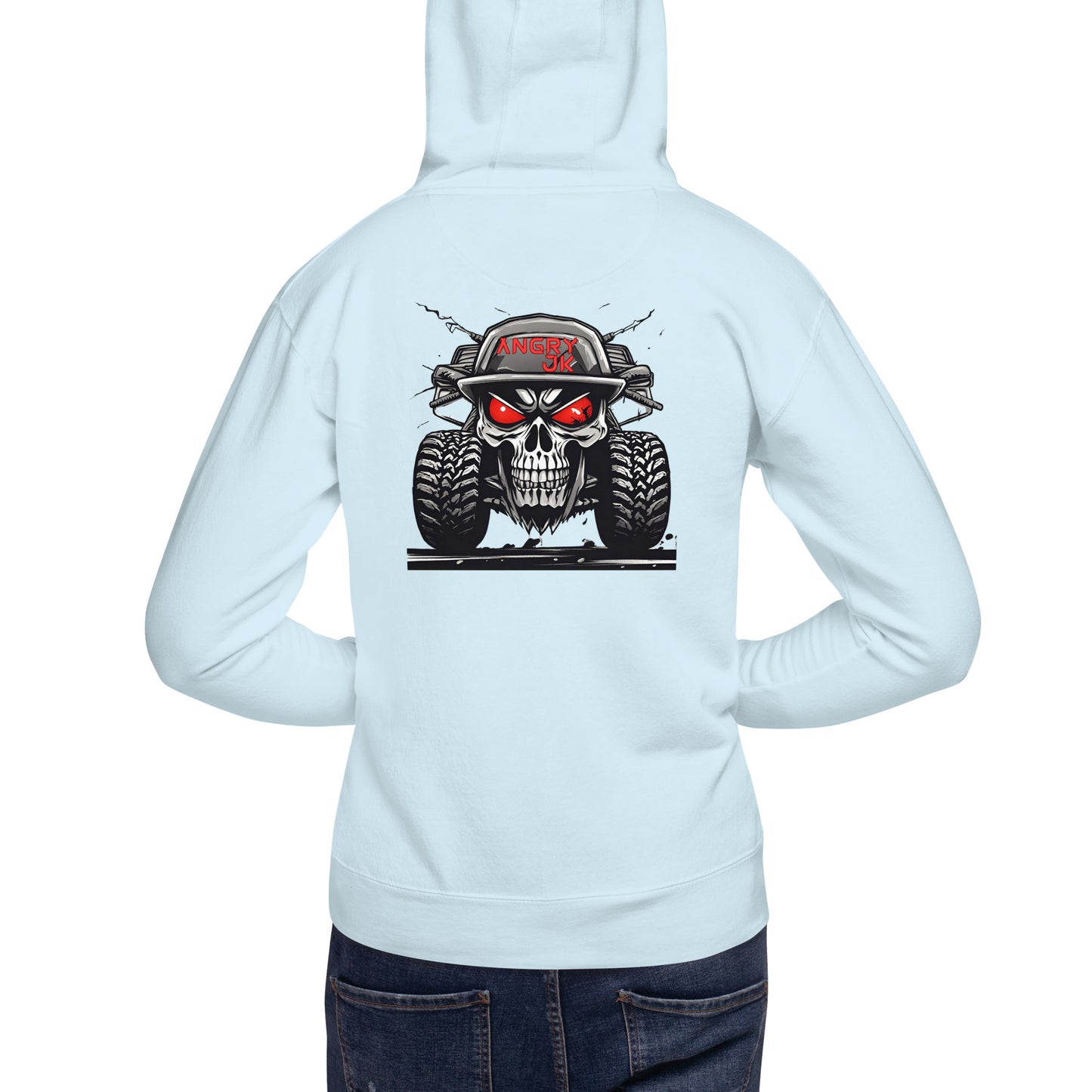 a woman wearing a white hoodie with a skull on it