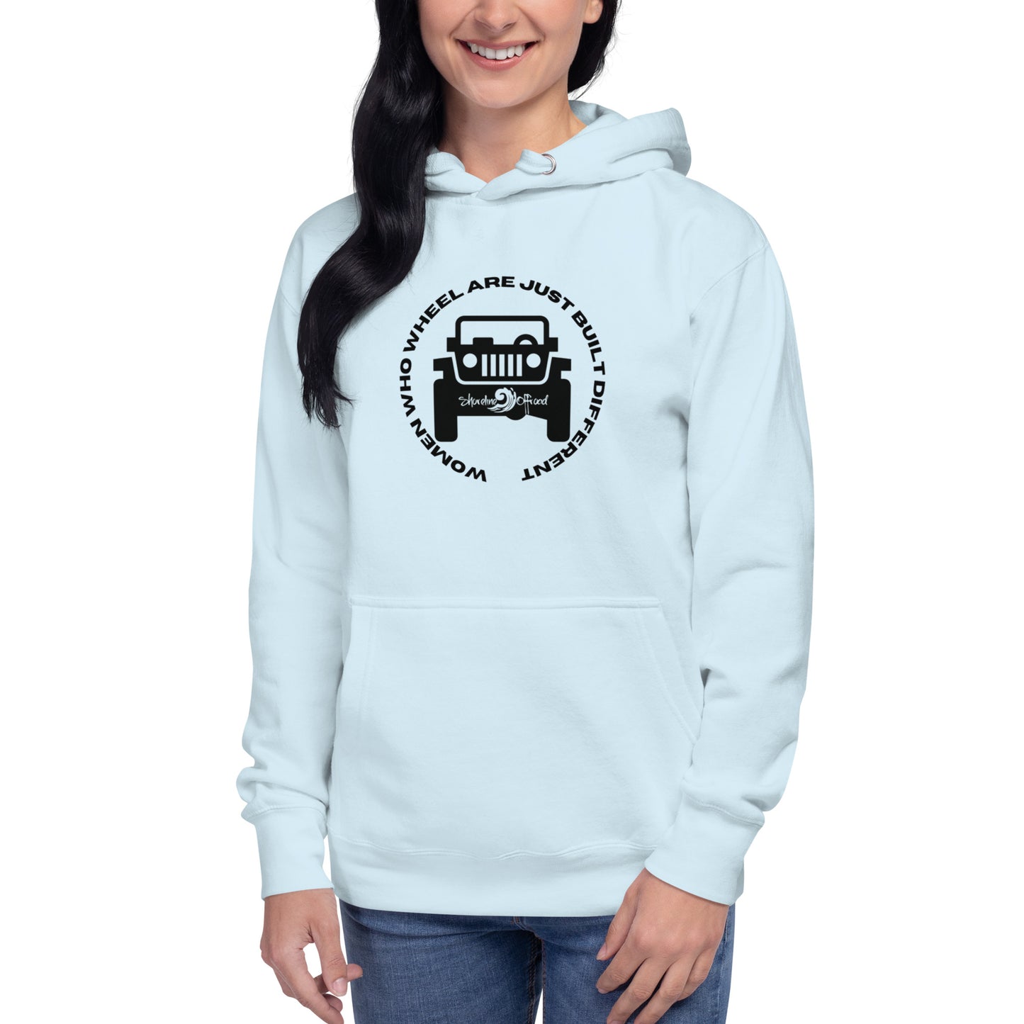 a woman wearing a white hoodie with a jeep on it