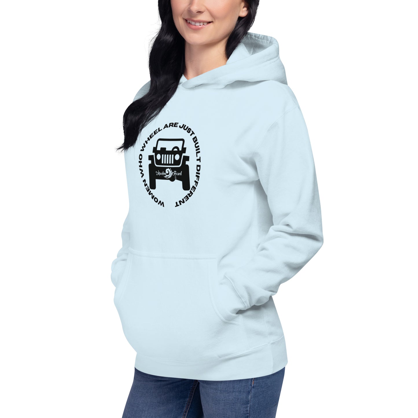 a pregnant woman wearing a light blue hoodie