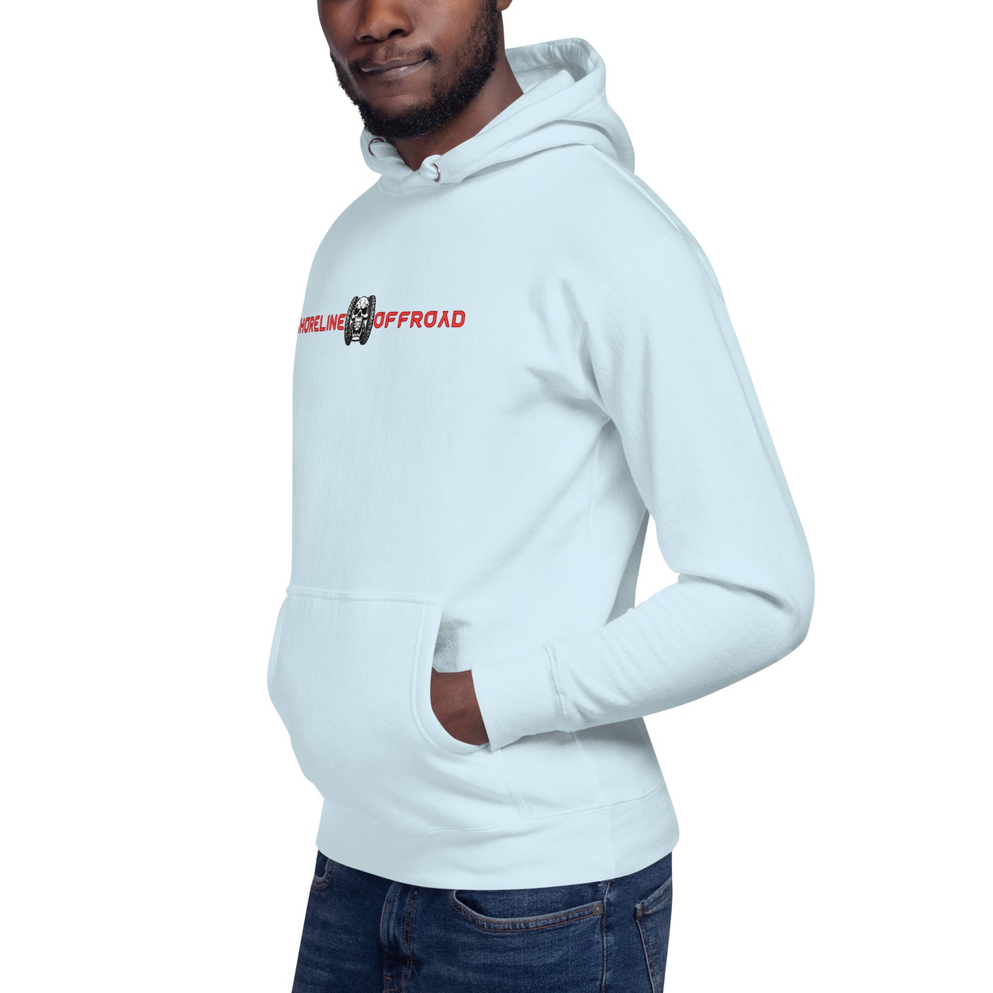 a man wearing a white hoodie with a red and white logo