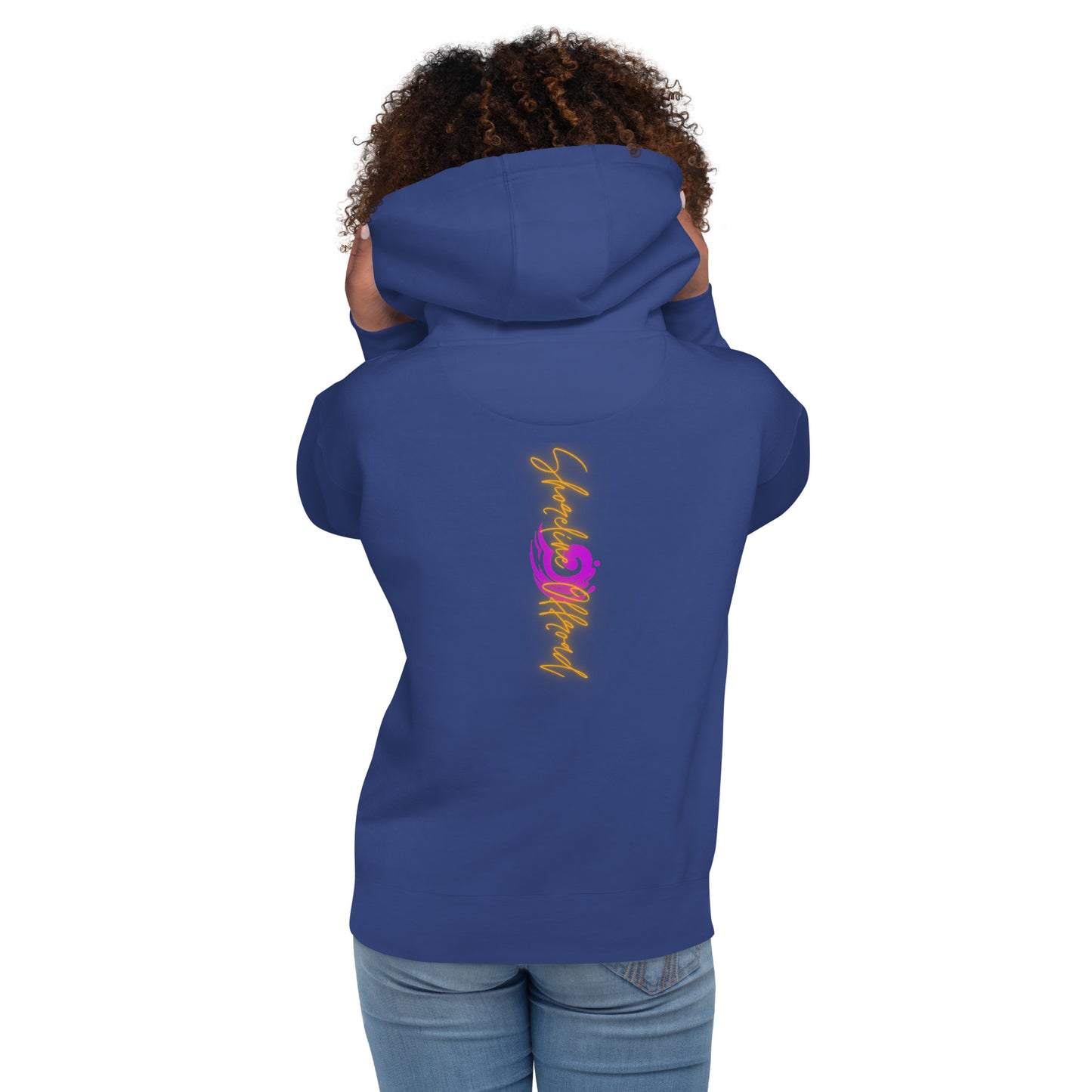 a woman wearing a blue hoodie with a dragon on it
