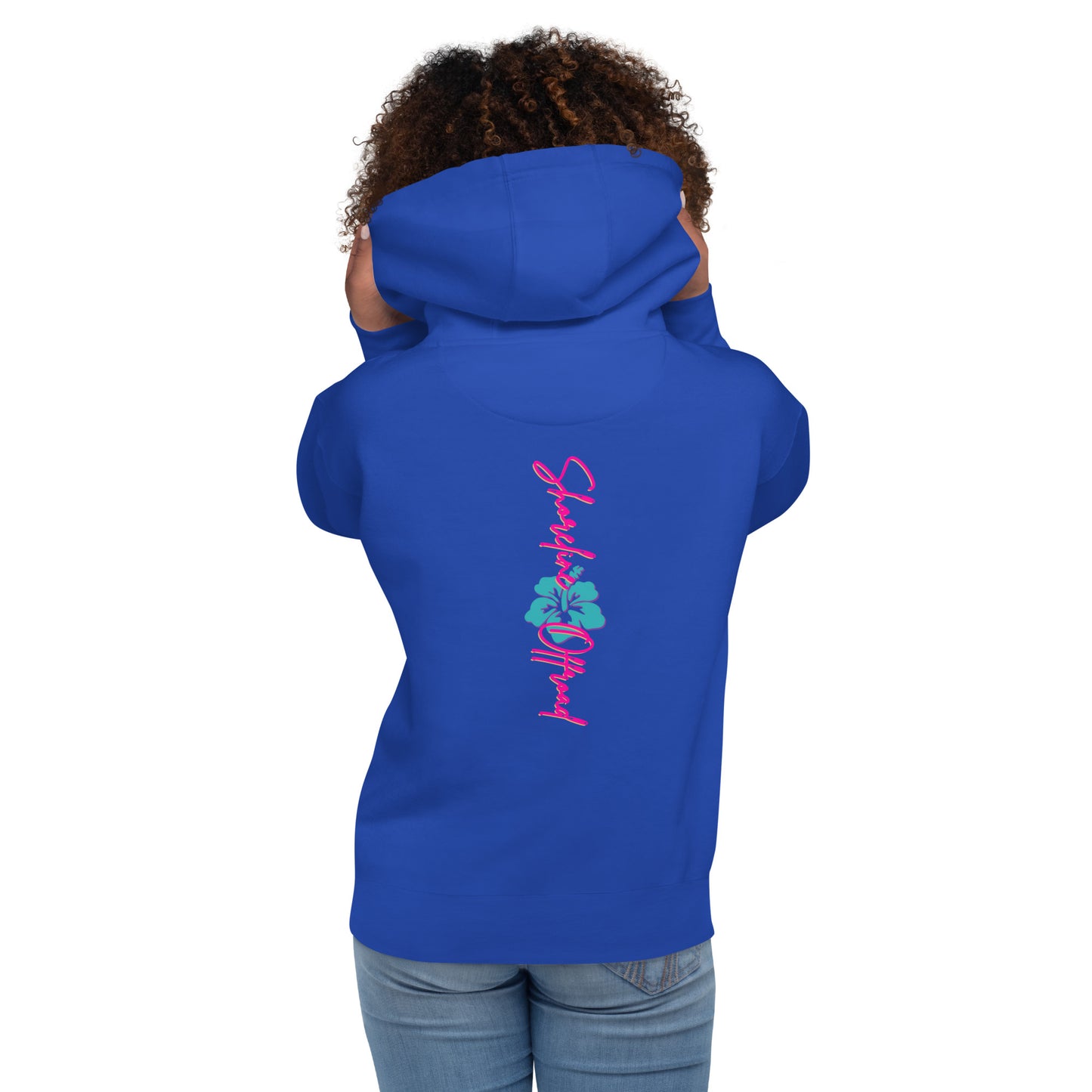 a woman wearing a blue hoodie with the word love on it
