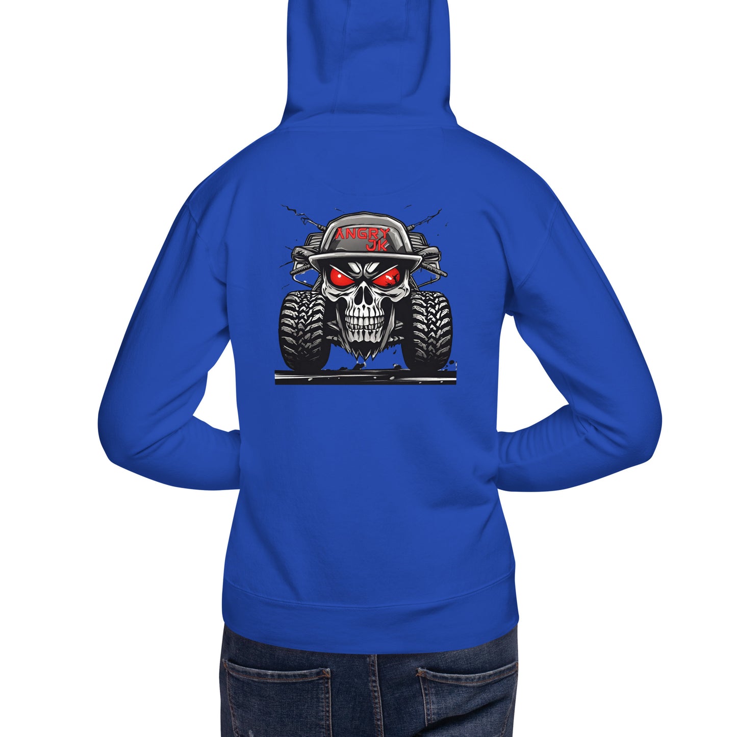 a woman wearing a blue hoodie with a skull on it