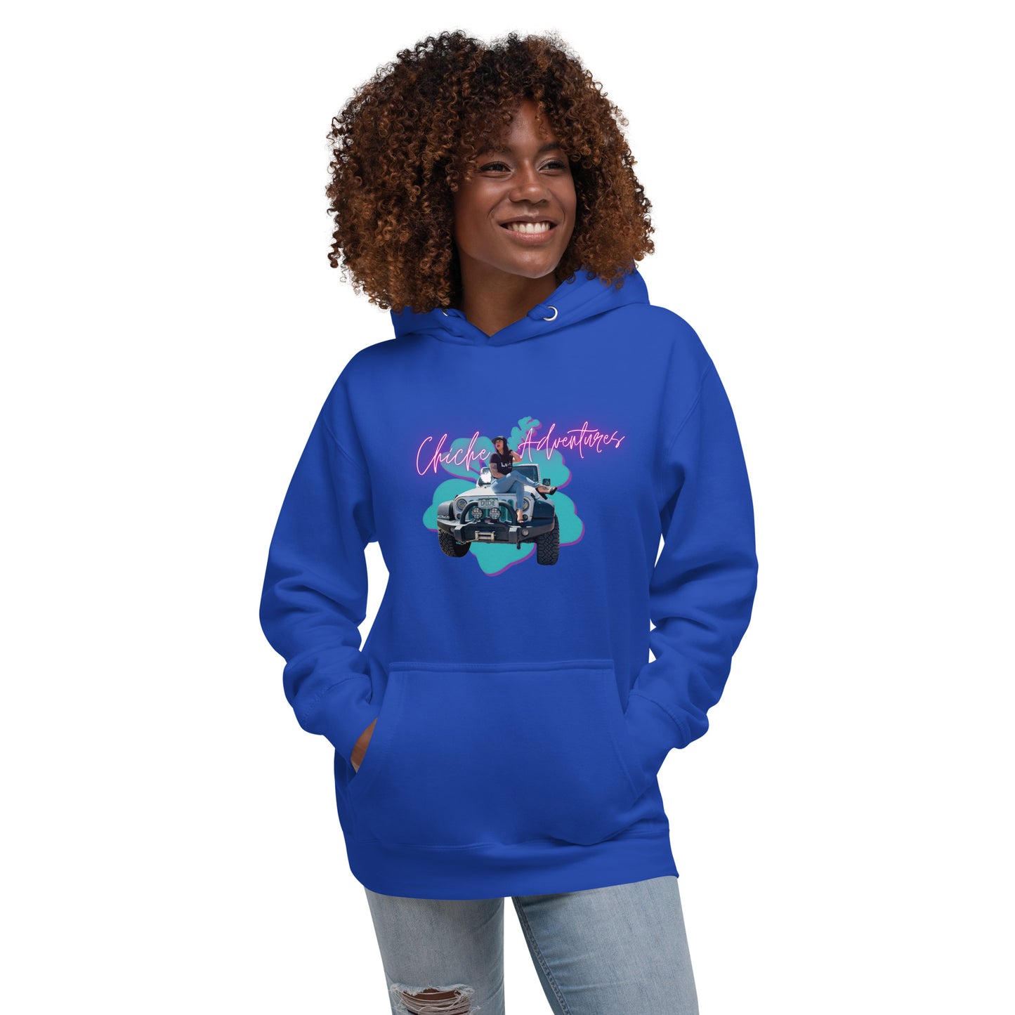 a woman wearing a blue hoodie with a picture of a man driving a car