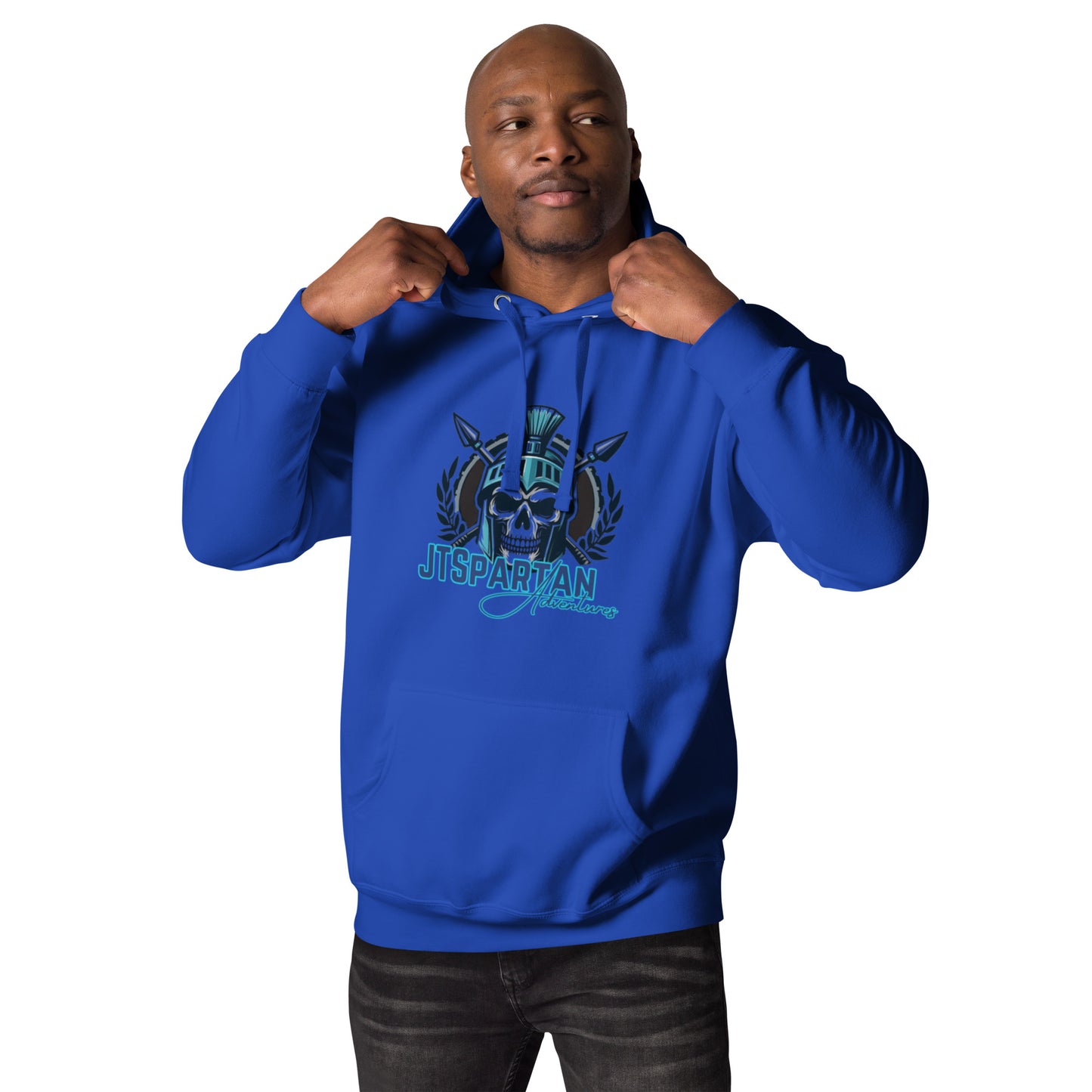 a man in a blue hoodie is posing for the camera