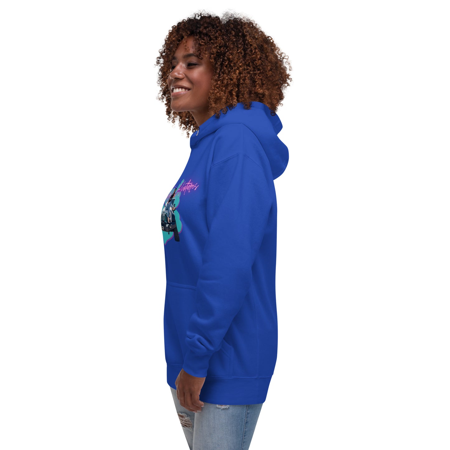 a woman wearing a blue hoodie with a picture of a person on it