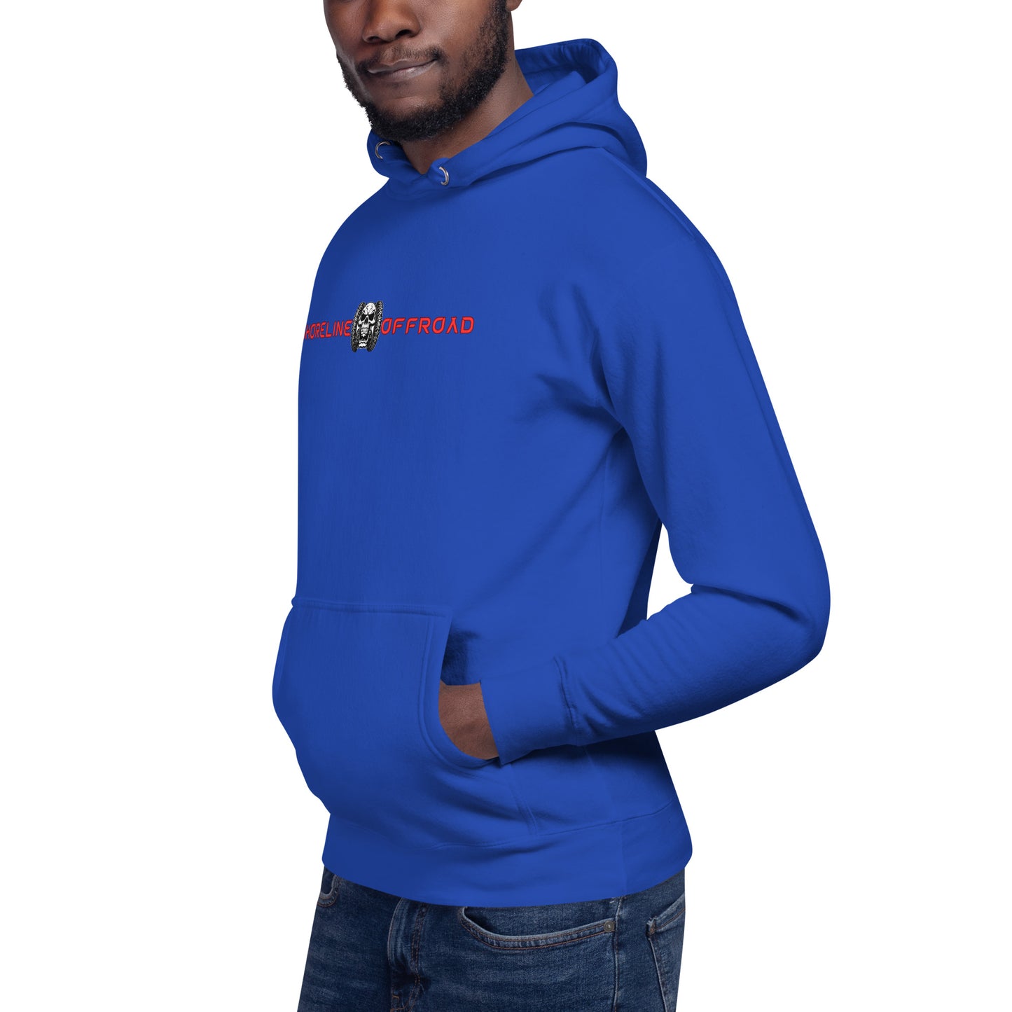 a man wearing a blue hoodie with a red logo