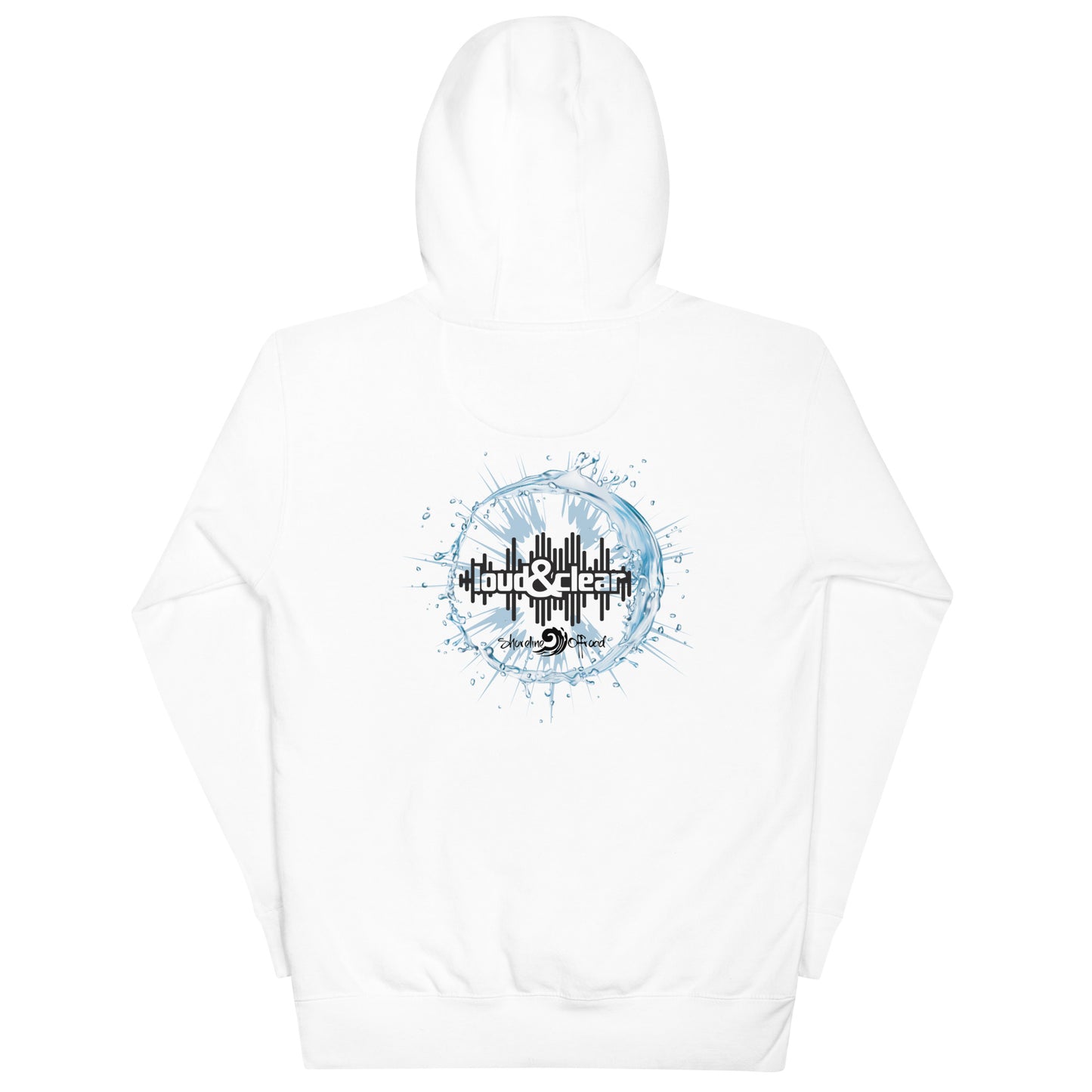 a white hoodie with a blue design on it