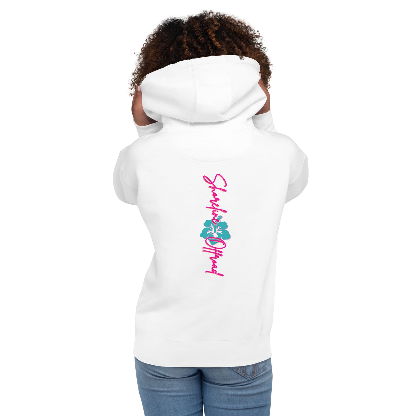 a woman wearing a white hoodie with a pink and blue design on it