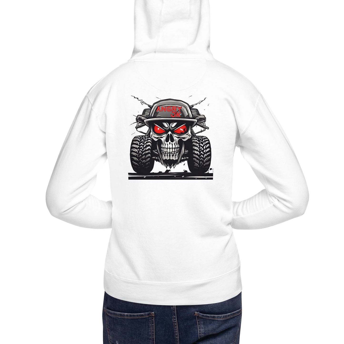 a woman wearing a white hoodie with a skull on it