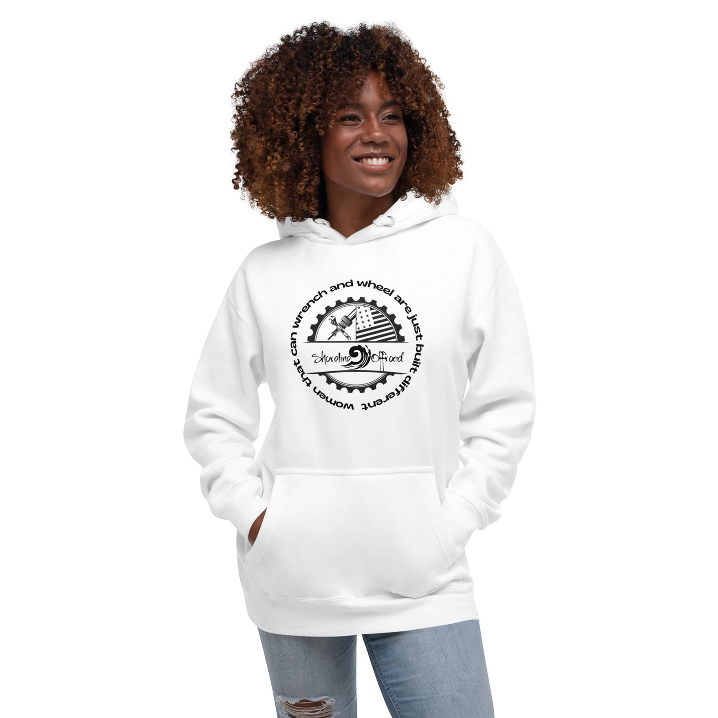 a woman wearing a white hoodie with a black and white logo