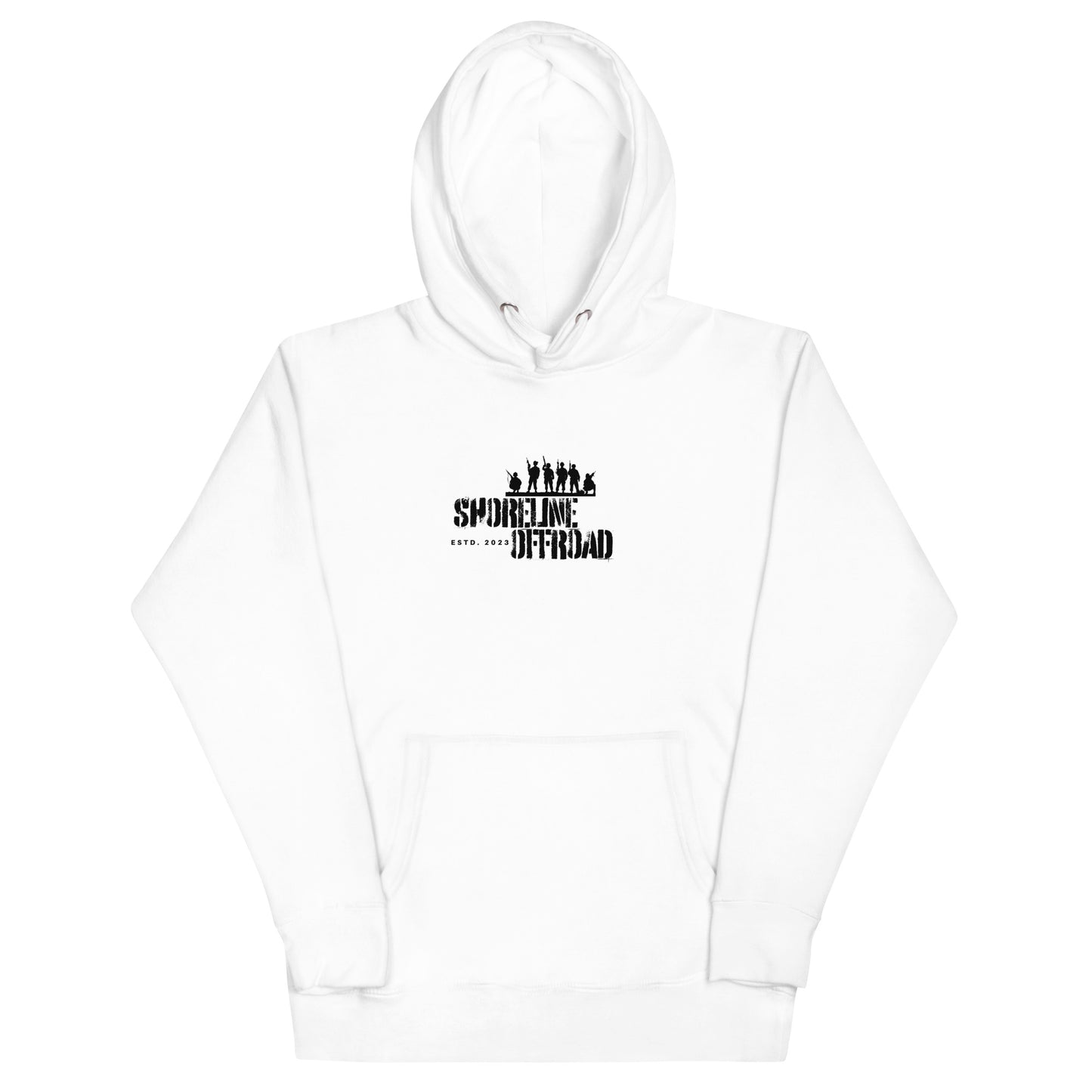 a white hoodie with a black and white logo