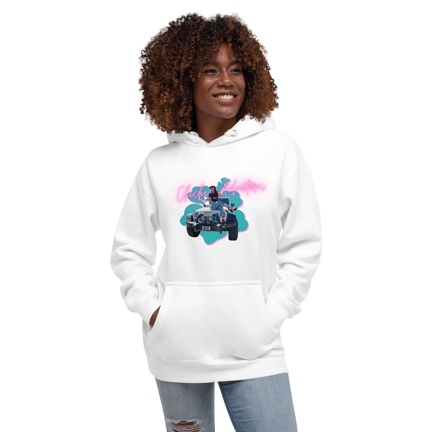 a woman wearing a white hoodie with a cartoon character on it
