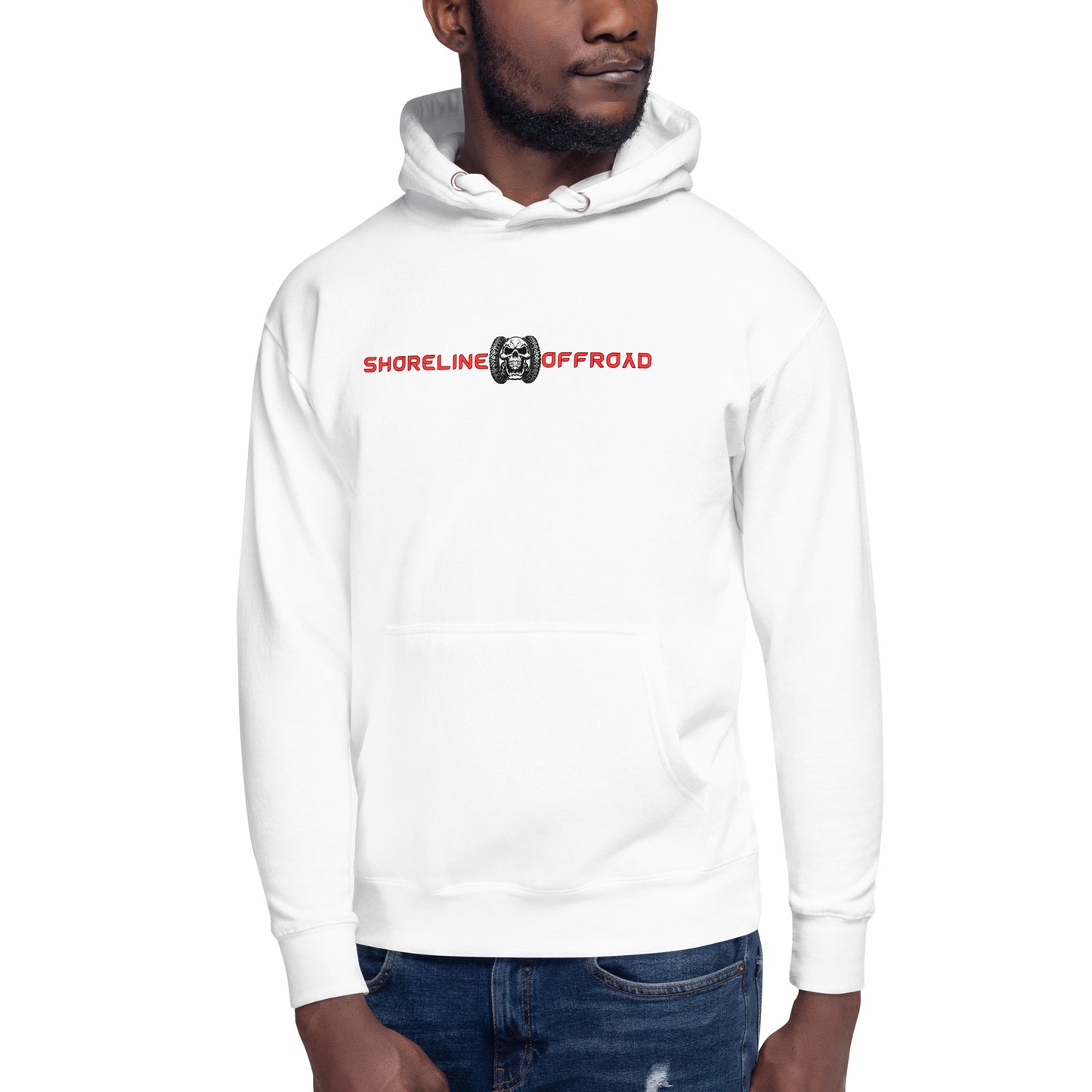 a man wearing a white hoodie with the words shoreline off road on it