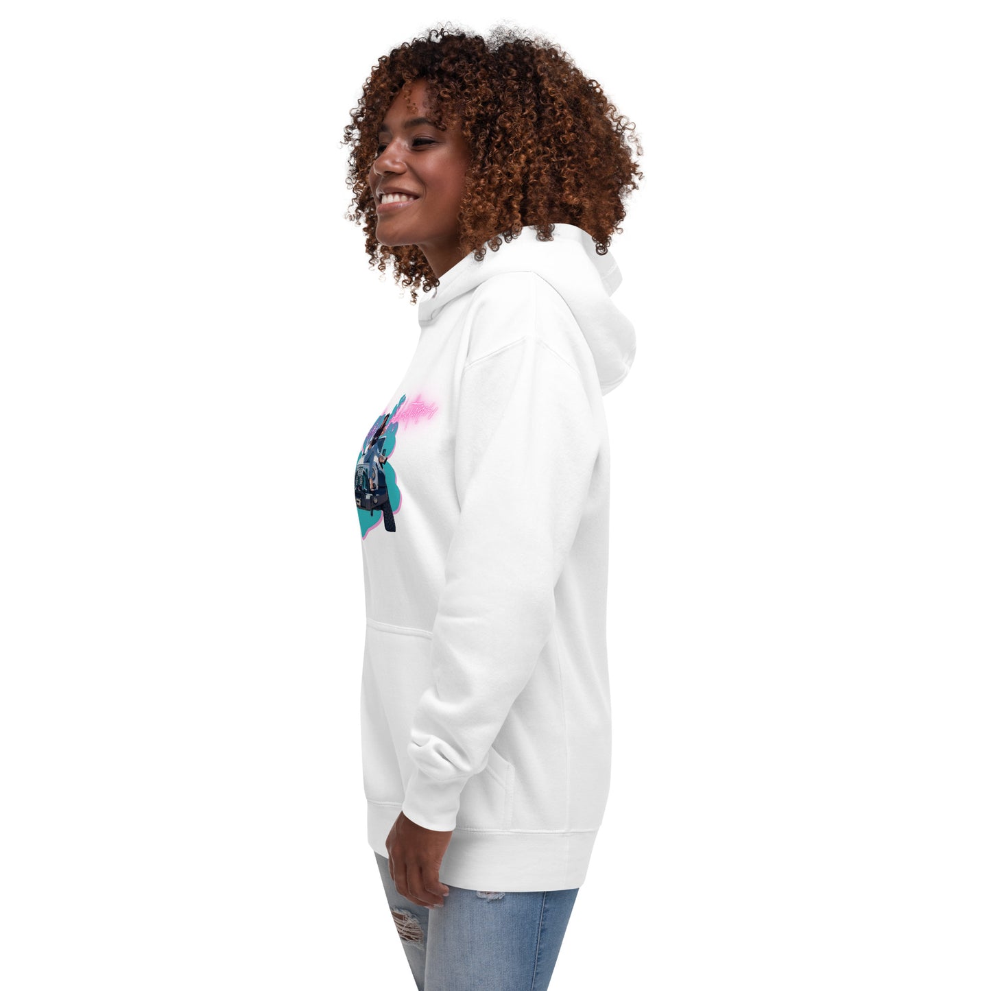 a woman wearing a white hoodie with a pink and blue design on it