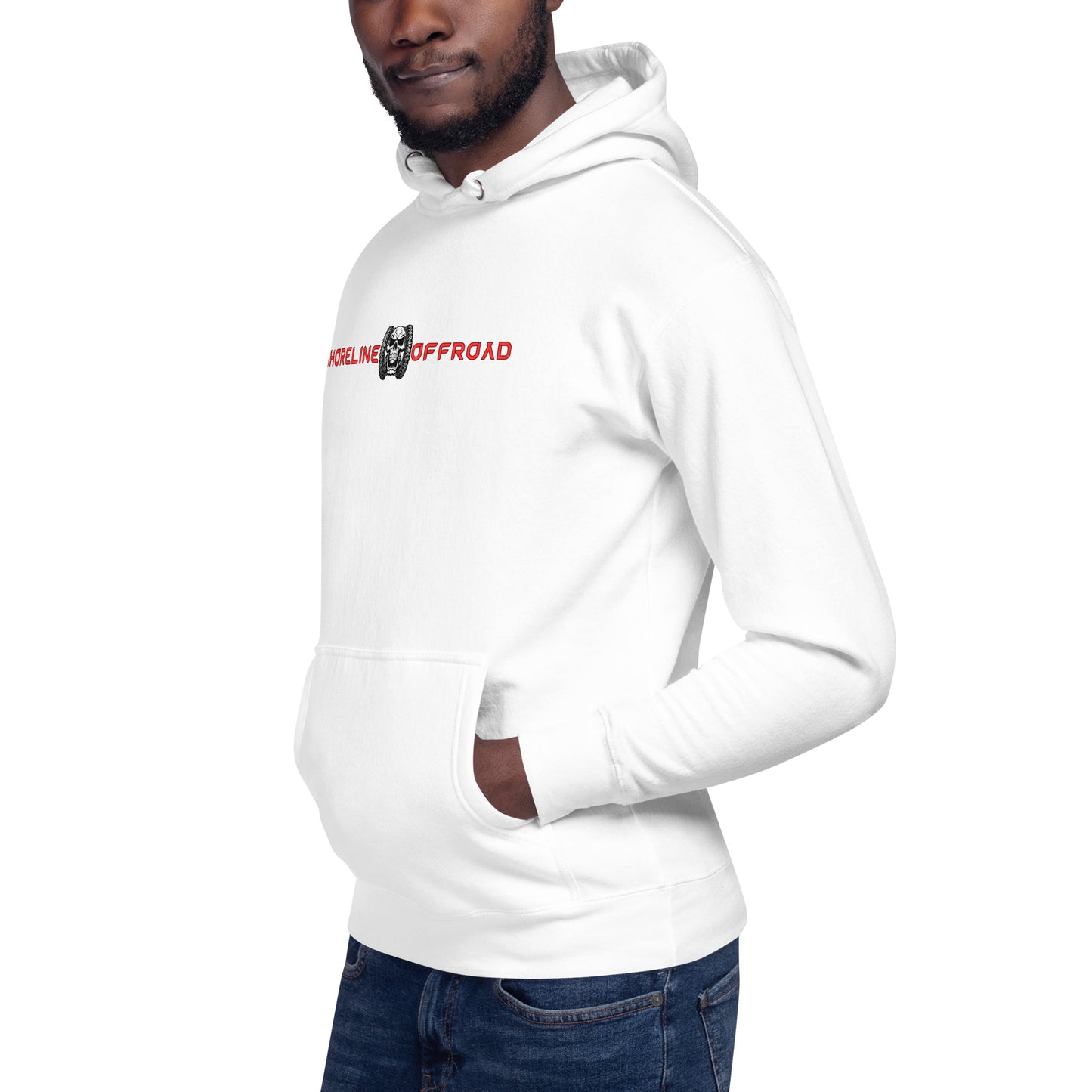 a man wearing a white hoodie with a red and white logo