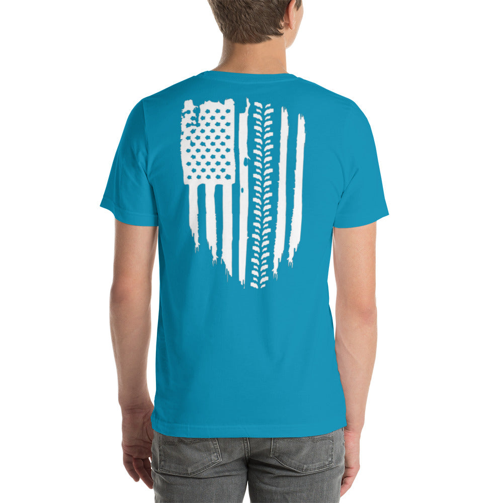 a man wearing a blue t - shirt with an american flag on it