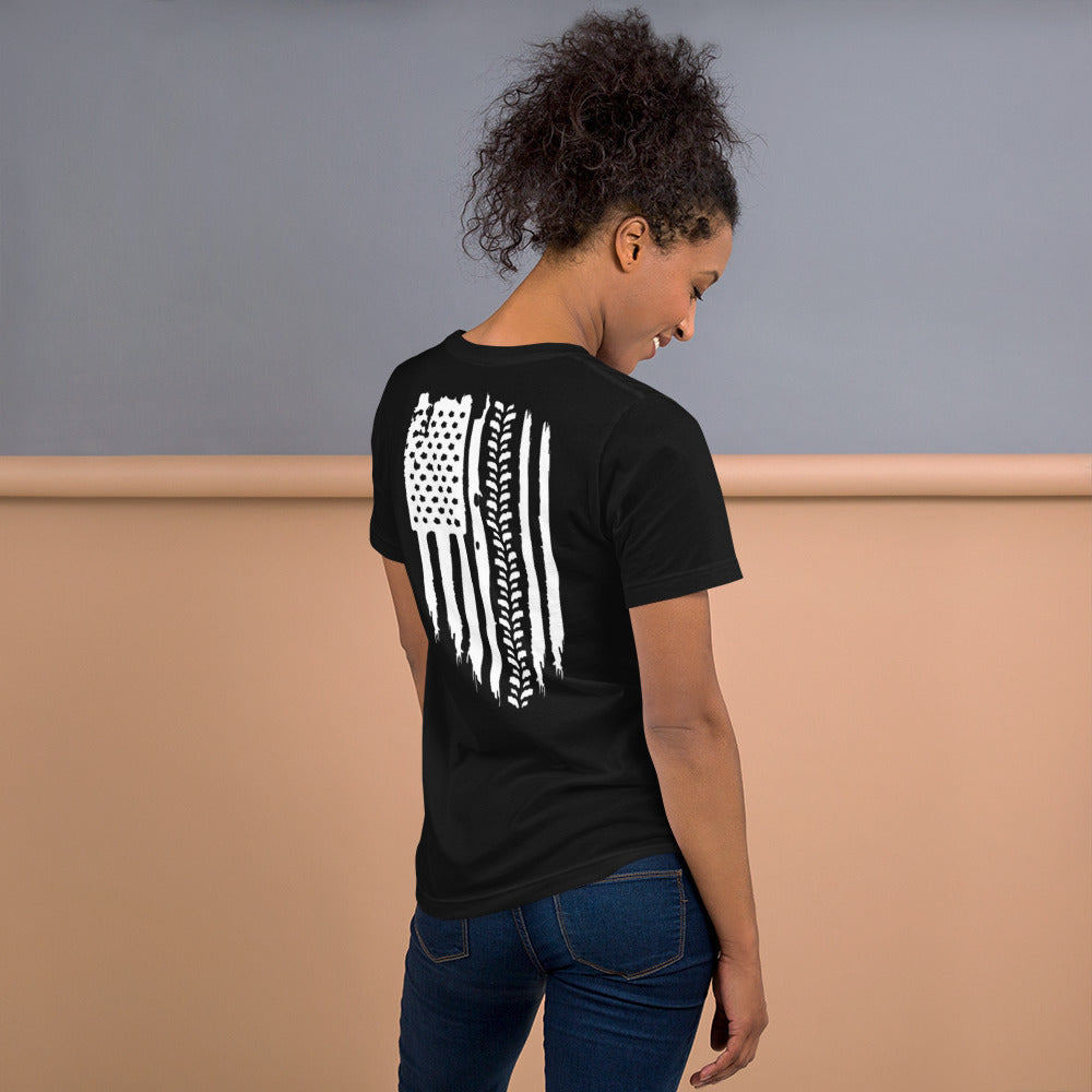 a woman wearing a black shirt with an american flag on it
