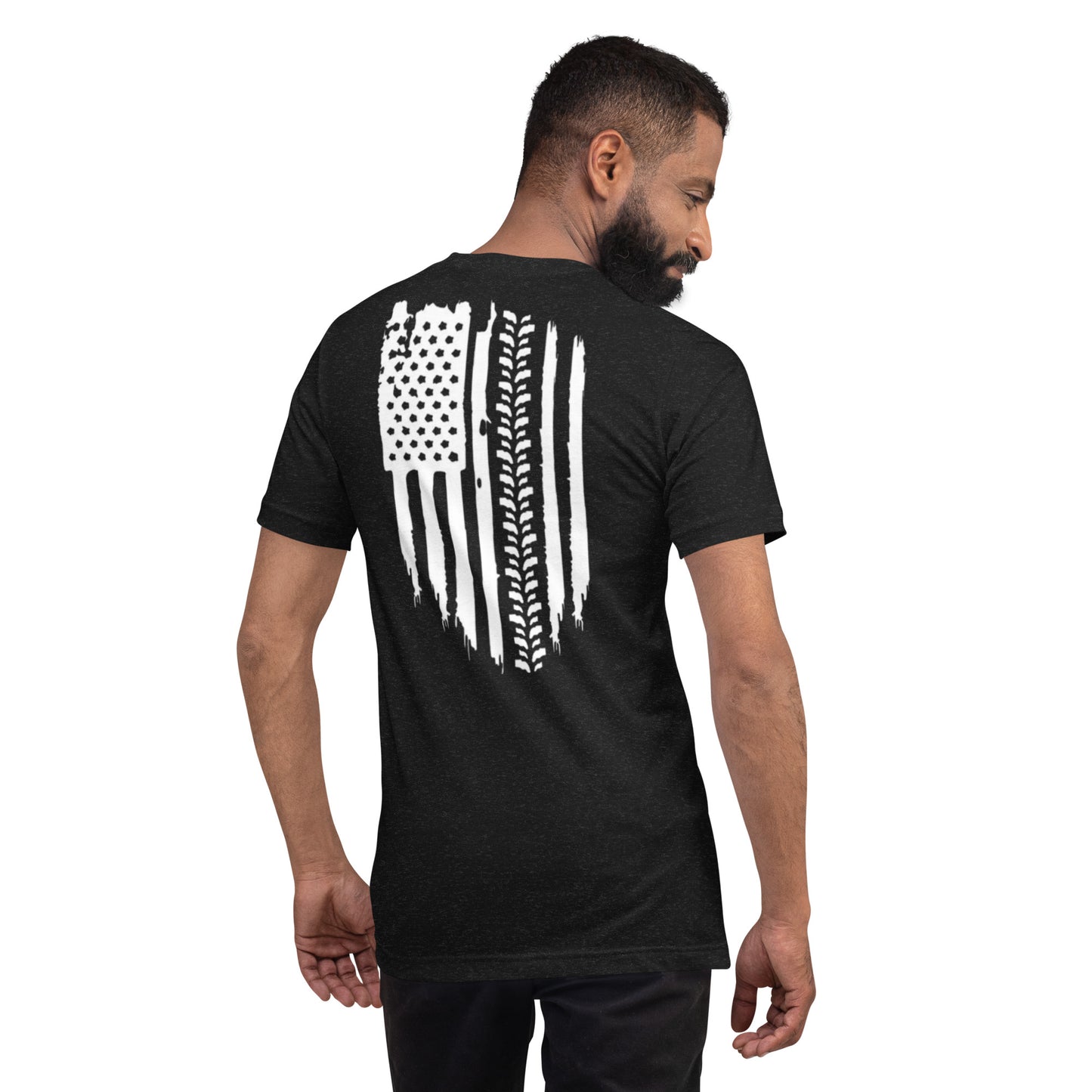 a man wearing a black t - shirt with an american flag on it