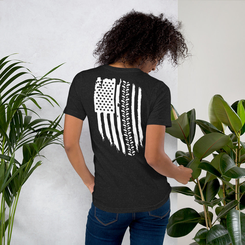 a woman wearing a t - shirt with an american flag on it
