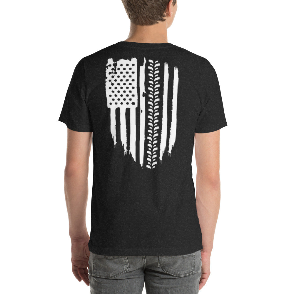 a man wearing a black t - shirt with an american flag on it