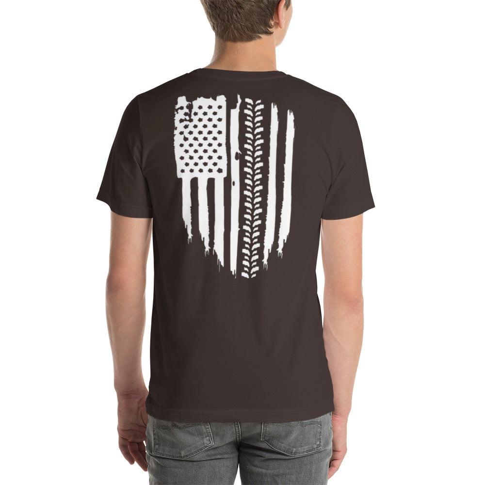 a man wearing a t - shirt with an american flag on it